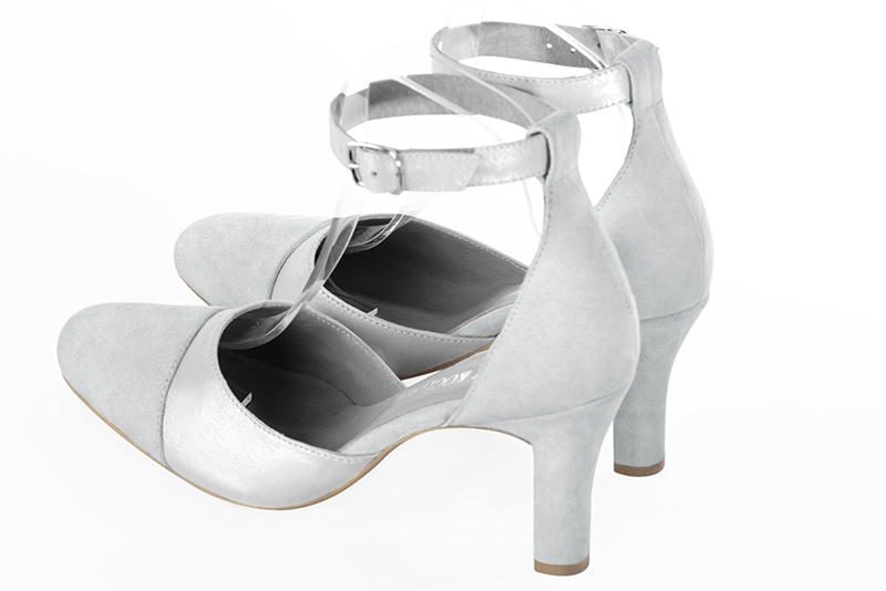 Pearl grey and light silver women's open side shoes, with a strap around the ankle. Round toe. High kitten heels. Rear view - Florence KOOIJMAN